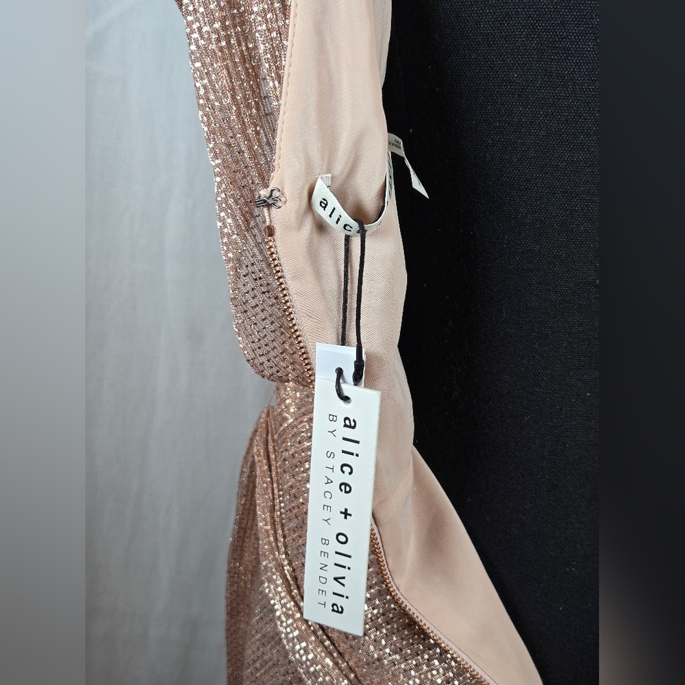 NWT $405 Alice + Olivia Darva Faux Wrap Midi Dress 6 | Rose Gold Lamé Metallic - Picture 14 of 16